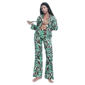 ZARA The Selena Straight Pants Long Brown Green Cotton Sz XL